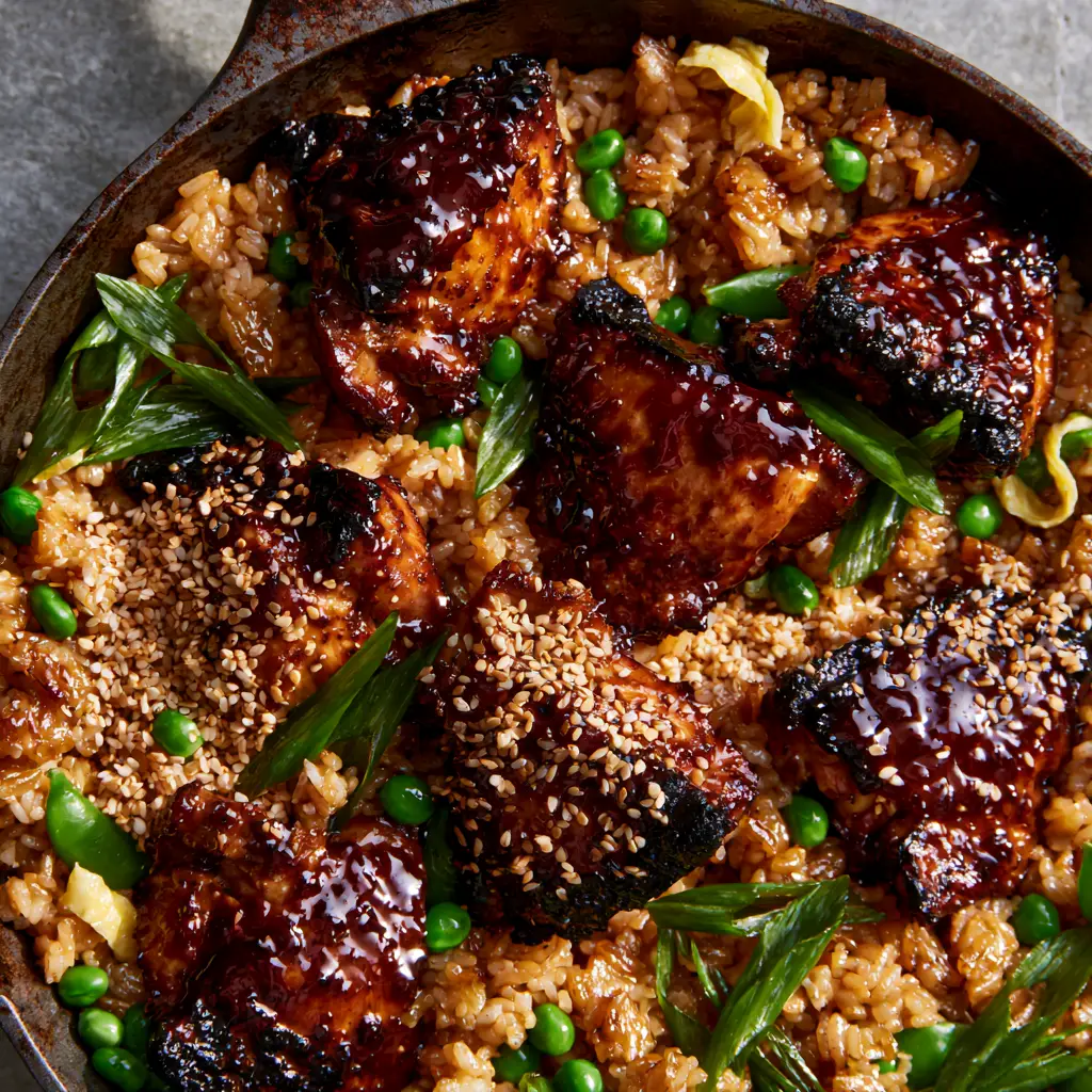Detailed shot of golden rice grains, egg ribbons, and emerald-green scallions in a cast iron skillet.