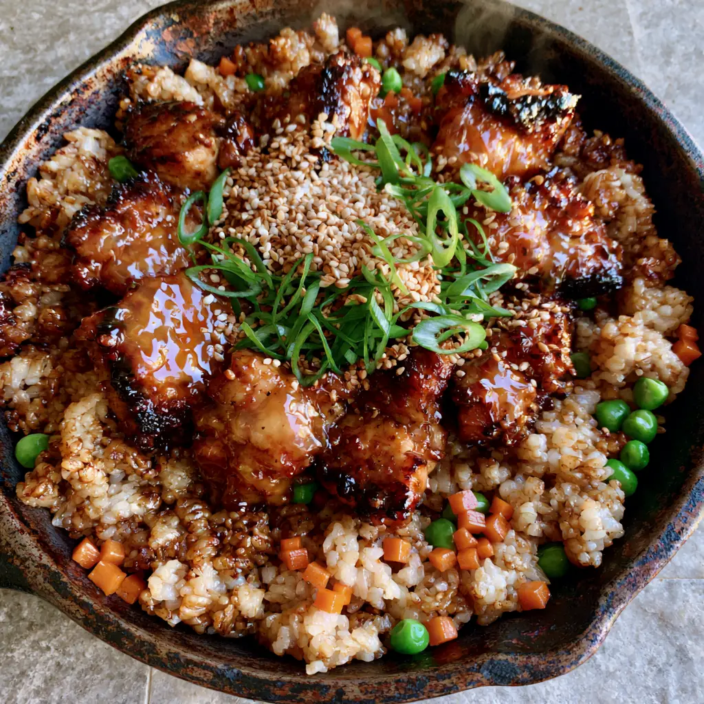 Smartphone photo of japanese bbq chicken fried rice in a rustic pan with rising steam and vibrant green scallions.