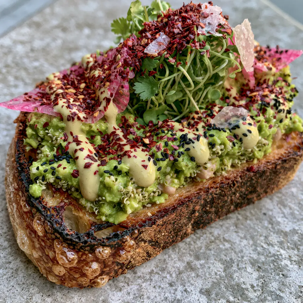 Top view of vegan avocado toast garnished with pink watermelon radish and black sesame seeds.