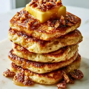 Extreme close-up of brown butter pecan pancakes showing golden-brown seared edges and porous texture.