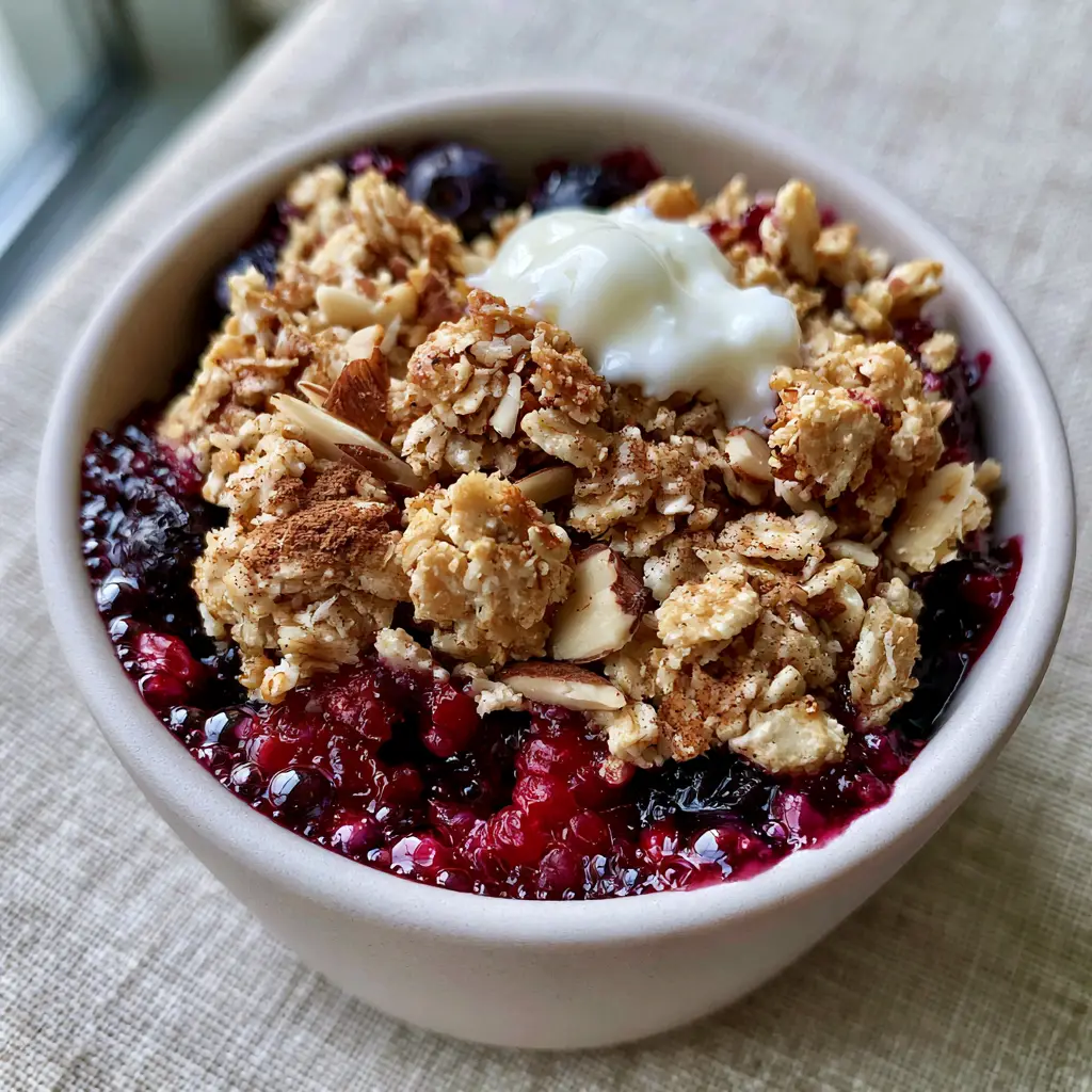 Close up of melting Greek yogurt on top of a warm berry breakfast crumble in a ceramic ramekin.