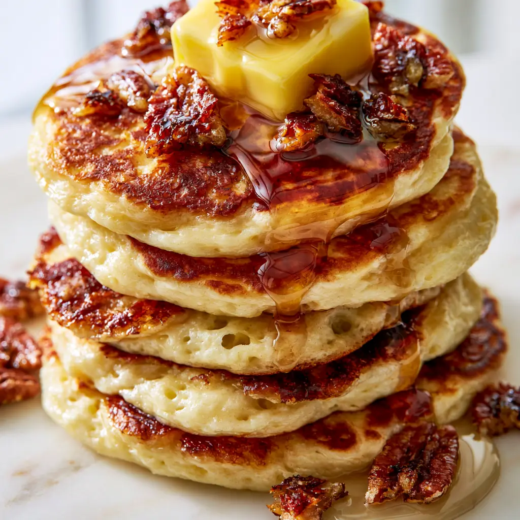 A glossy amber maple syrup pour over toasted pecan halves on a stack of brown butter pecan pancakes.