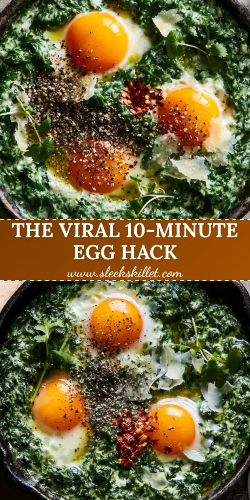 A top-down view of Creamy Spinach and Eggs in a cast iron skillet with marigold yolks and emerald spinach. (Creamy Spinach and Eggs)