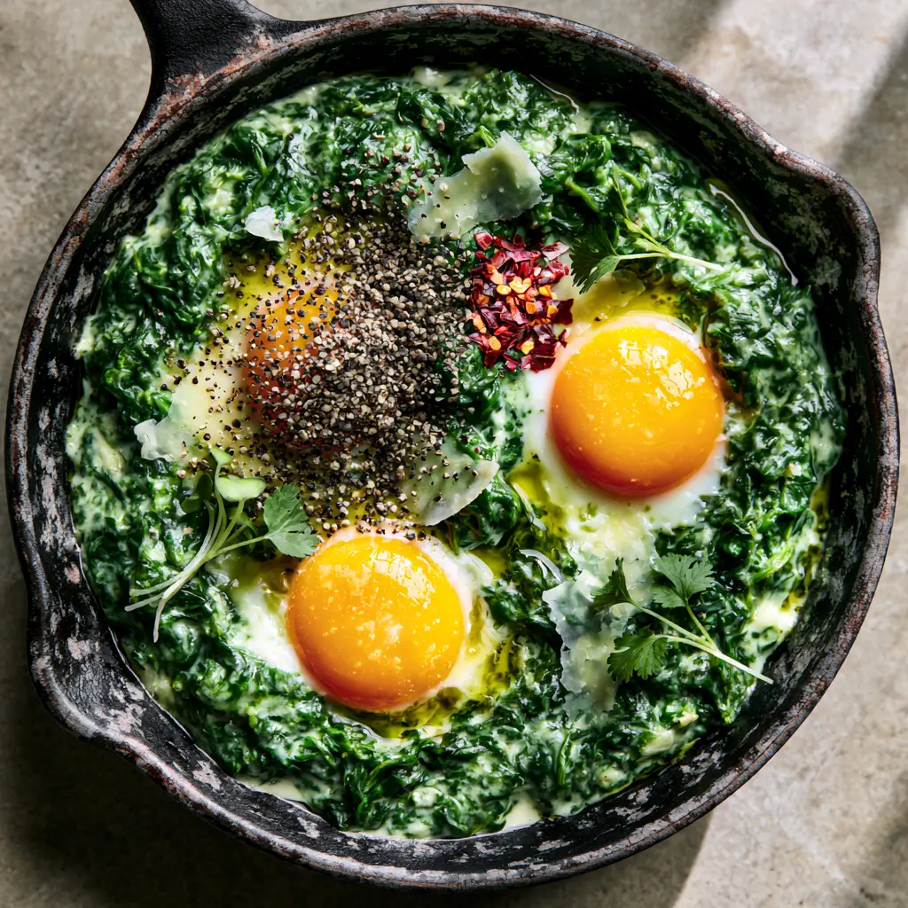 Detailed shot of a runny marigold egg yolk nestled in green spinach with pecorino shavings.