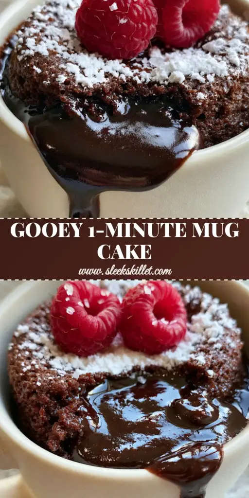 A close-up of a molten lava mug cake in a cream ceramic mug with a liquid chocolate center oozing over the side, topped with raspberries and powdered sugar.