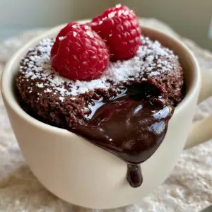 Handheld smartphone photo of an indulgent molten lava mug cake with glossy dark chocolate liquid center and vibrant red raspberries.