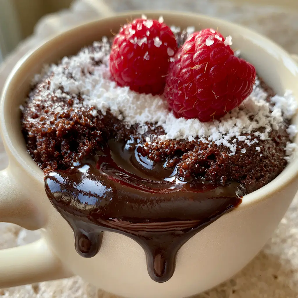 Overhead view of a chocolate molten lava mug cake dusted with powdered sugar and sea salt flakes in a matte ceramic mug.