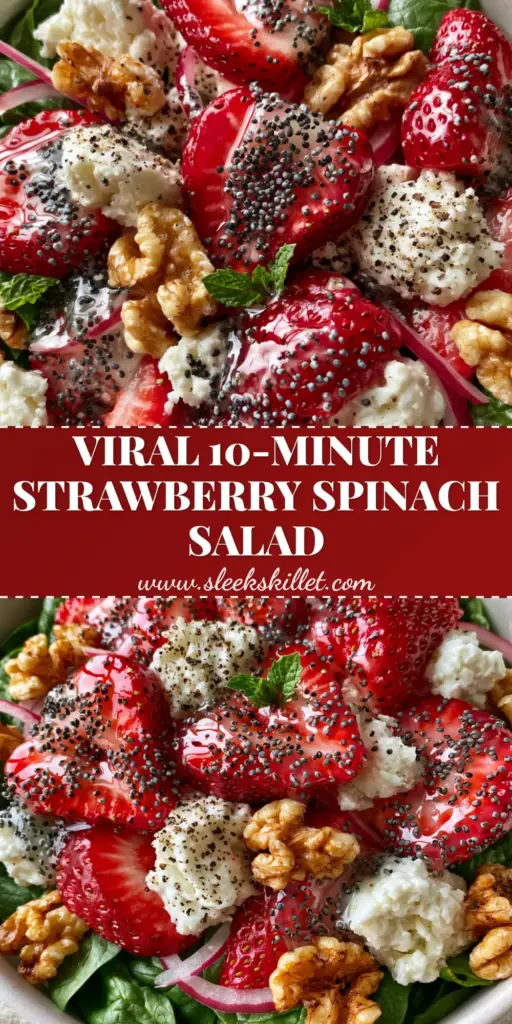 Spinach Salad with Strawberries, Feta, and Glossy Poppy Seed Dressing 4 A high-angle photo of a vibrant spinach salad with strawberries and feta in a white bowl. (spinach salad)