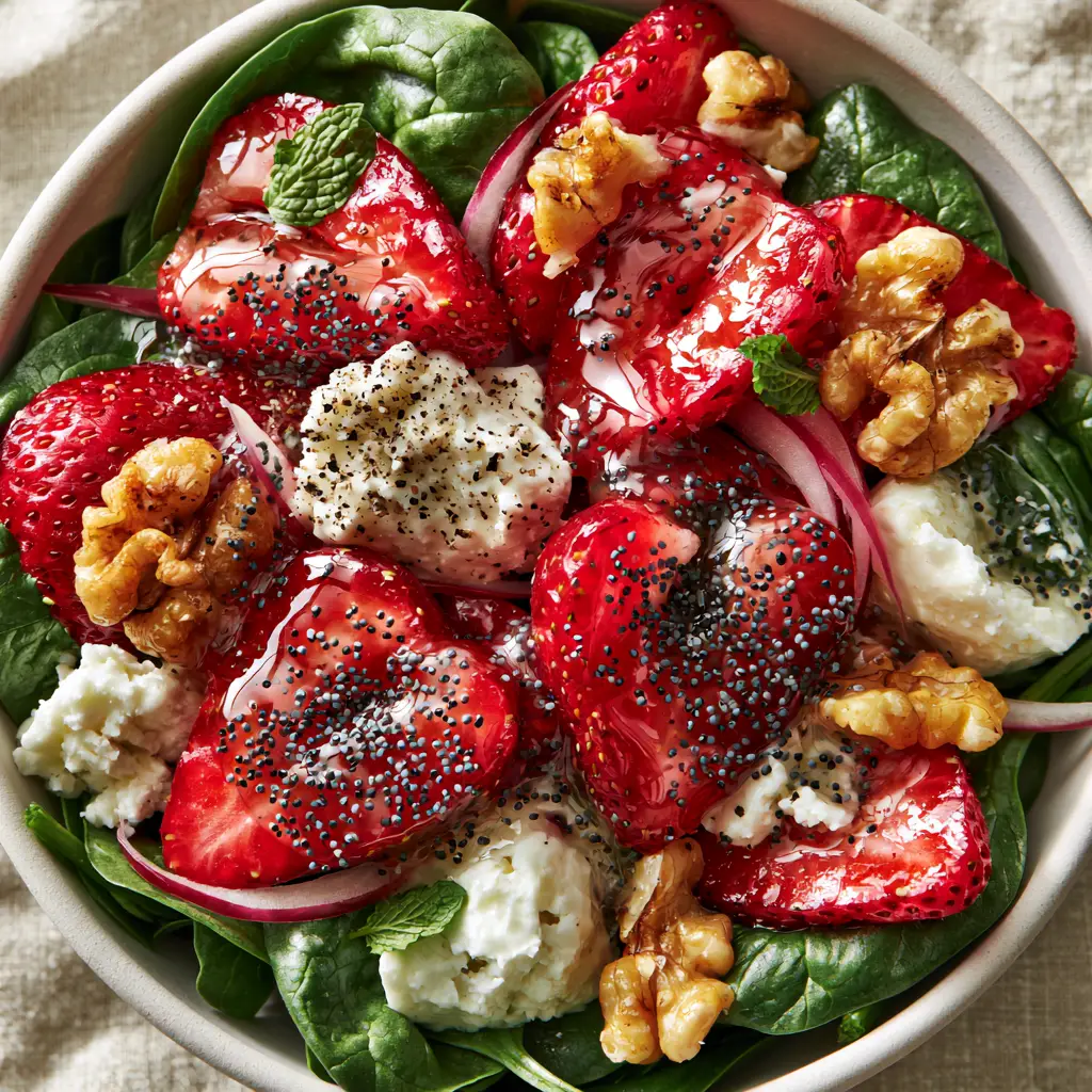 Spinach Salad with Strawberries, Feta, and Glossy Poppy Seed Dressing 2 Macro top-down view of a vibrant strawberry spinach salad with poppy seeds and mint. (spinach salad)
