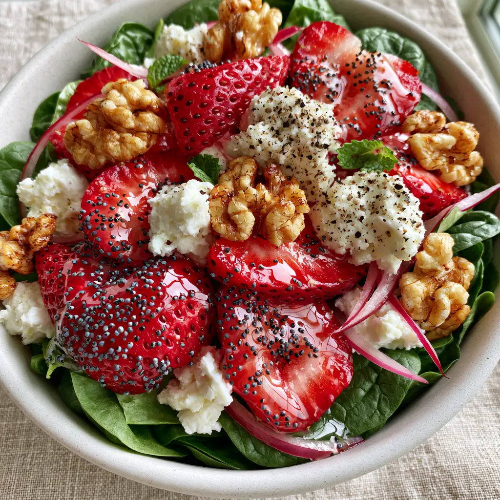 Spinach Salad with Strawberries, Feta, and Glossy Poppy Seed Dressing 1 Close-up of toasted walnuts and feta cheese on a bed of baby spinach. (spinach salad)