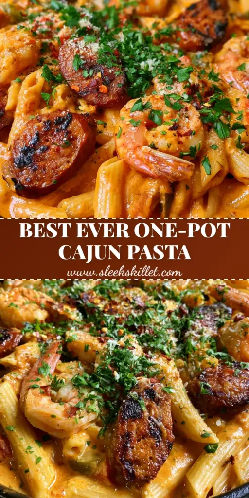 A top-down view of a cast iron skillet filled with creamy Cajun jambalaya pasta, featuring succulent tail-on shrimp and charred andouille sausage. (Cajun jambalaya pasta)