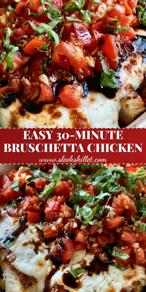 A close-up vertical shot of Bruschetta Chicken Casserole in a white dish with bubbling mozzarella and fresh tomato topping.