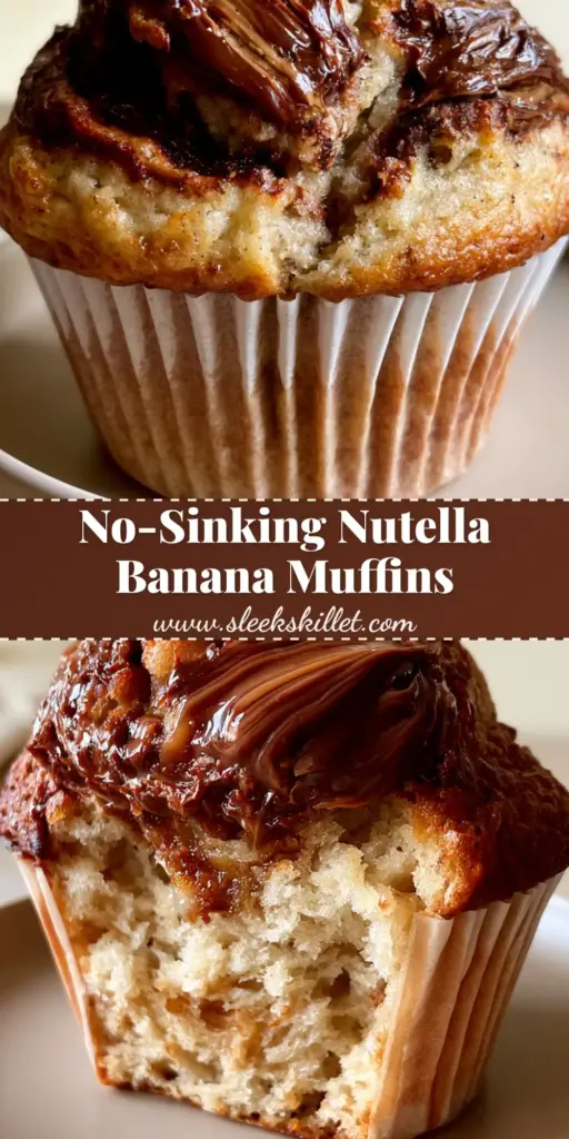 Nutella Banana Swirl Muffins with Bakery-Style Domed Tops 4 A towering Nutella Banana Swirl Muffin with a cracked bakery dome and sparkling sugar crystals in a brown parchment liner.
