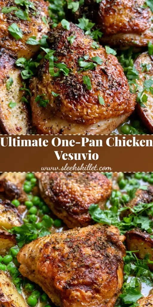 A rustic cast iron skillet of Chicken Vesuvio with crispy chicken thighs, golden potato wedges, and bright green peas in a garlic butter sauce. (Chicken Vesuvio)