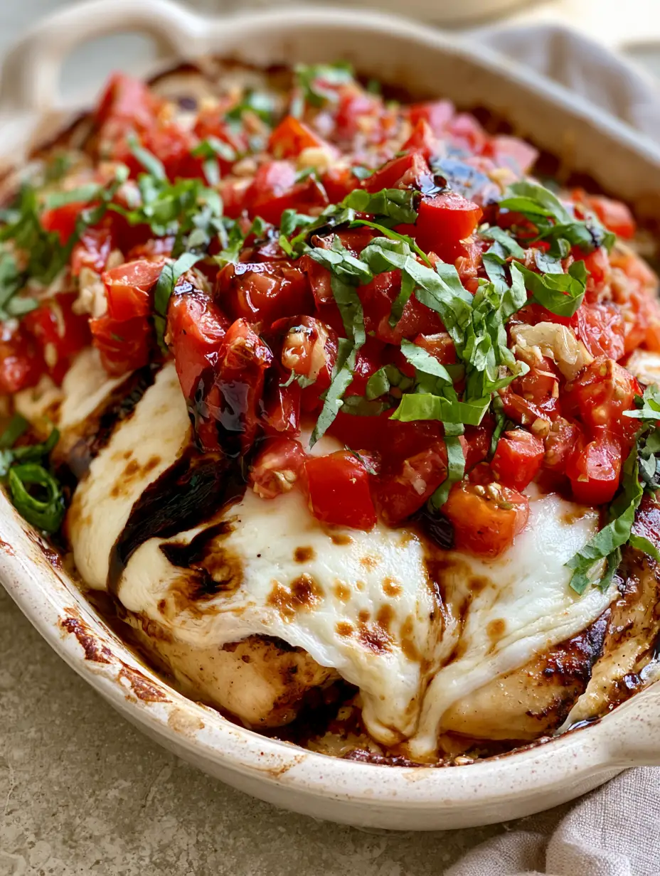 Close-up of seared chicken breasts smothered in melted mozzarella with toasted edges in a ceramic dish. (Bruschetta Chicken Casserole)