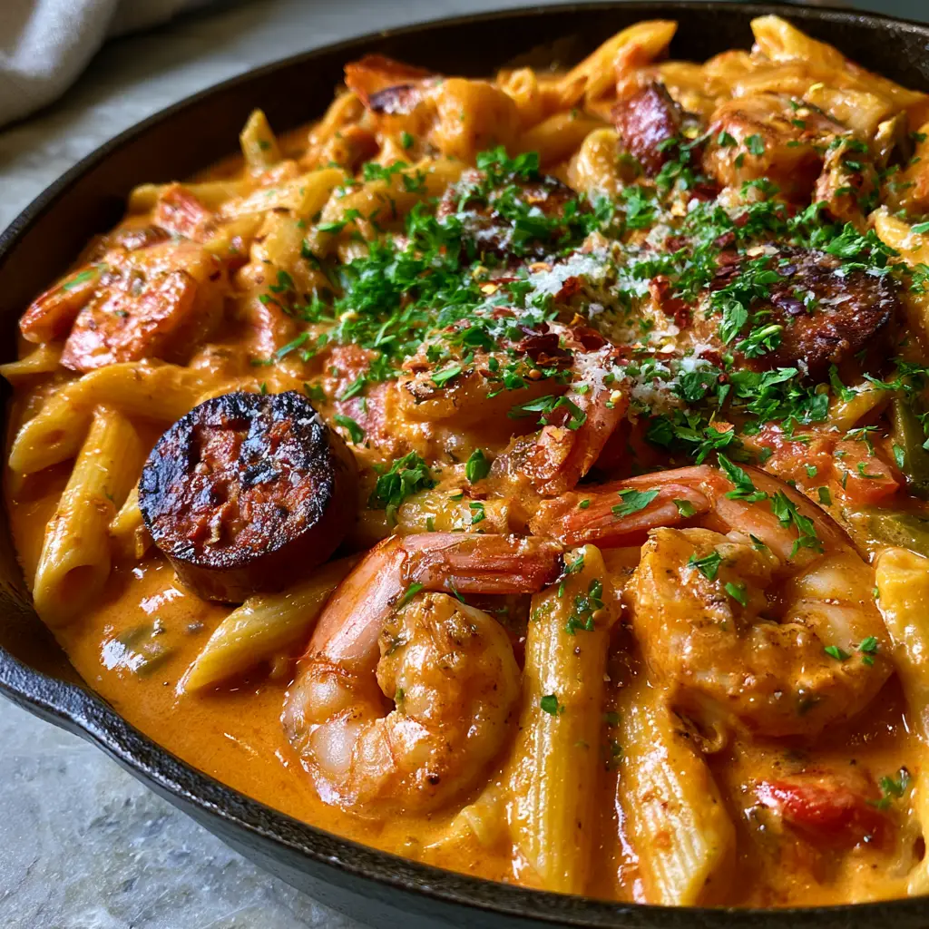 Detailed shot of charred andouille sausage and plump shrimp in a Cajun jambalaya pasta skillet.