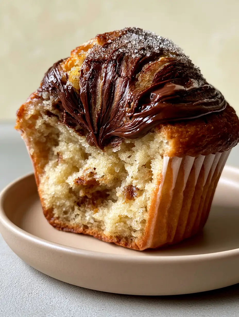 Nutella Banana Swirl Muffins with Bakery-Style Domed Tops 3 Close up photo of a split Nutella Banana Swirl Muffin showing moist light-golden crumb and marbled hazelnut spread.