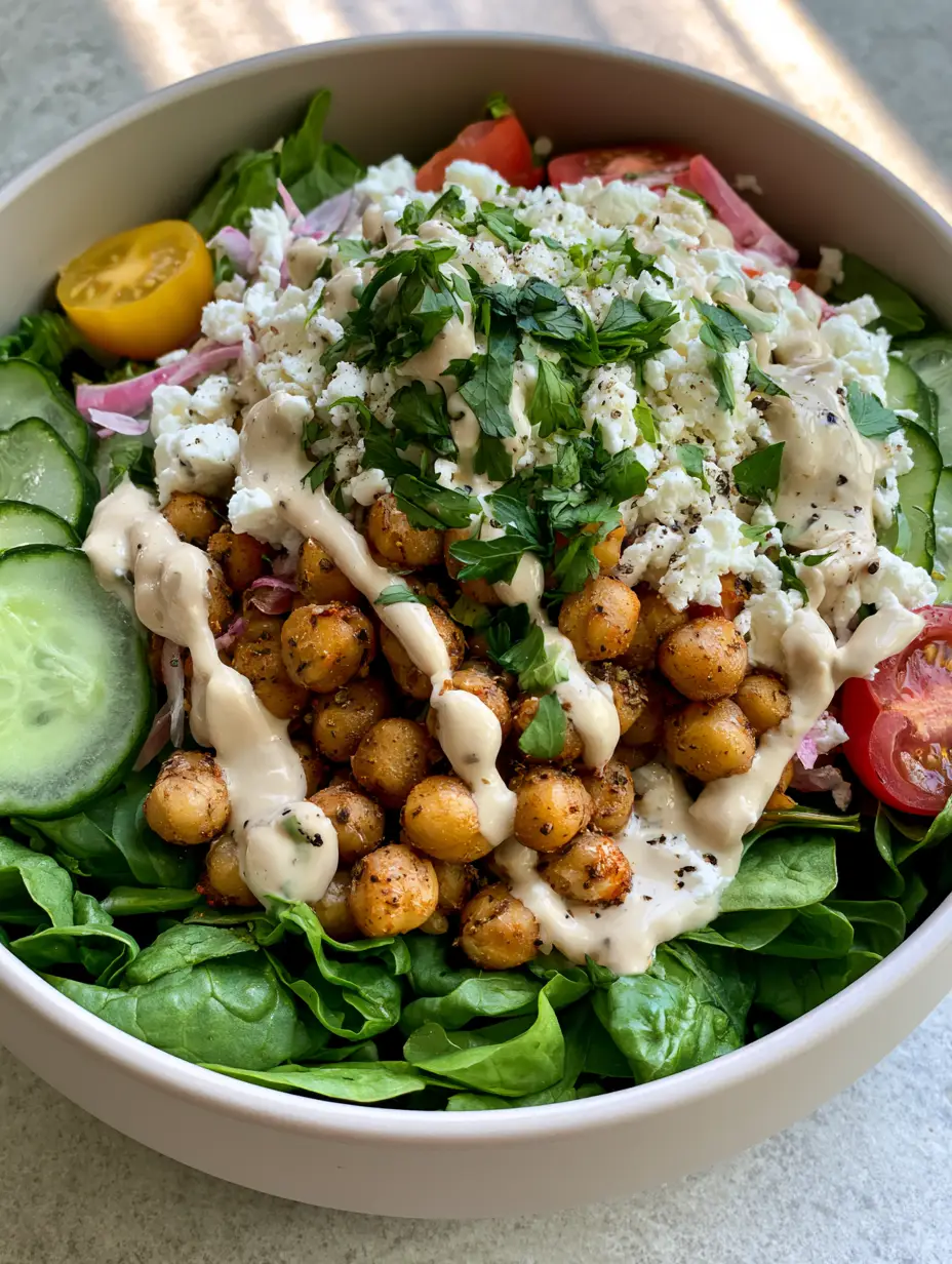 Close up of roasted chickpeas seasoned with cumin and paprika on top of a fresh chickpea spinach salad.
