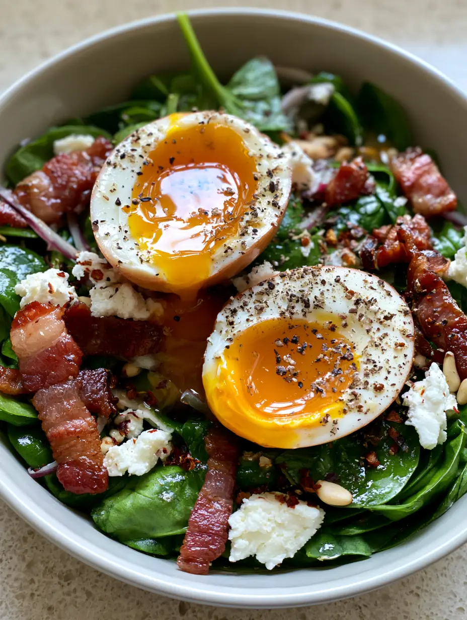 Spinach Salad with Eggs: The Ultimate 10-Minute Bistro Experience 3 Close-up handheld photo of a spinach salad with eggs, featuring glistening runny yolks and dark green baby spinach leaves. (spinach salad with eggs)