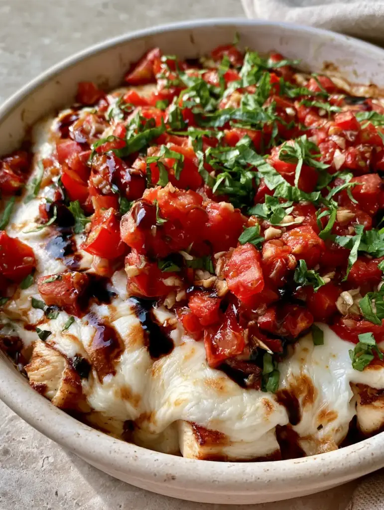 Bruschetta Chicken Casserole topped with diced tomatoes, garlic, balsamic glaze, and basil ribbons.
