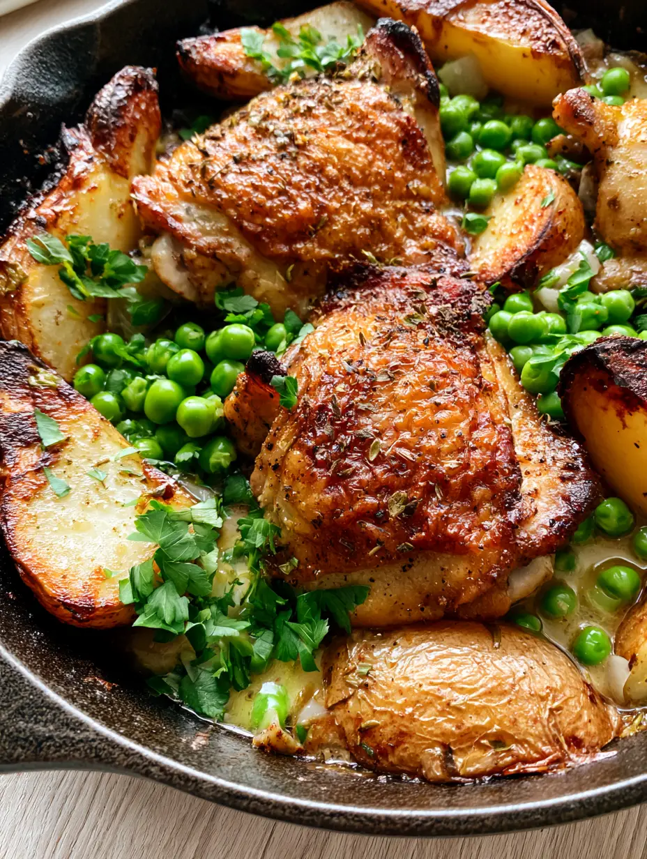 Close up photo of bubbled crispy chicken skin seasoned with oregano and pepper in a Chicken Vesuvio skillet. (Chicken Vesuvio)