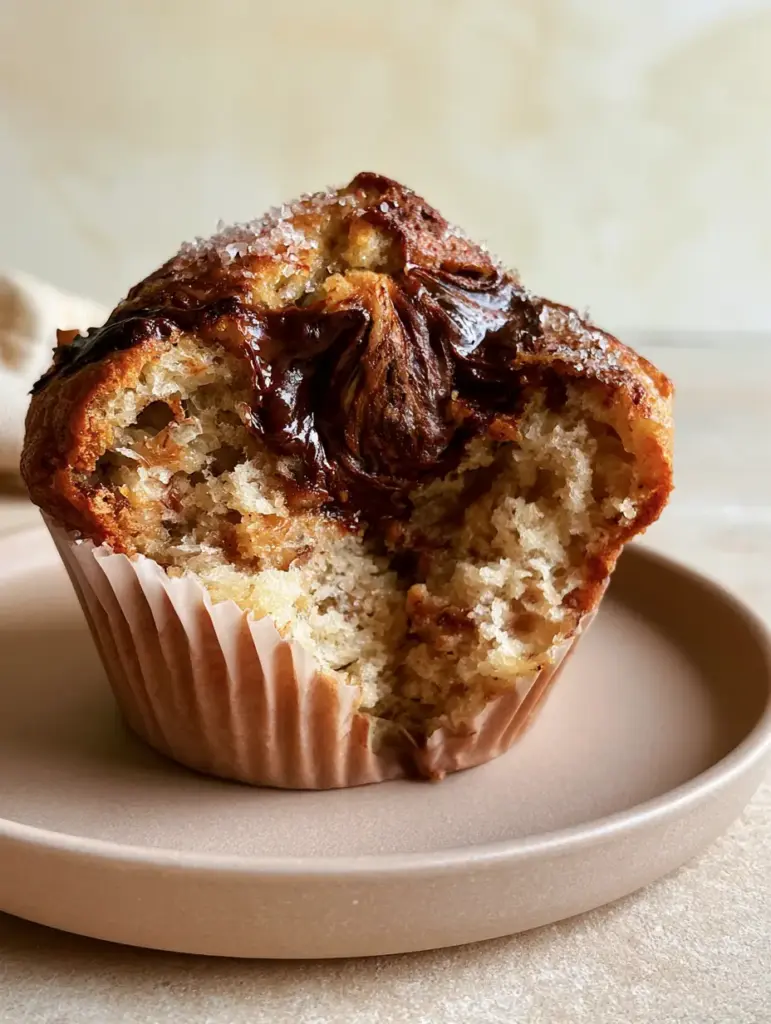 Nutella Banana Swirl Muffins with Bakery-Style Domed Tops 1 Towering Nutella Banana Swirl Muffins with caramelized cracked tops and coarse sugar on a beige plate.