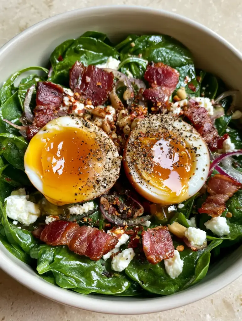 Spinach Salad with Eggs: The Ultimate 10-Minute Bistro Experience 1 Overhead view of crispy bacon lardons and feta crumbles on a spinach salad with eggs on a stone countertop.