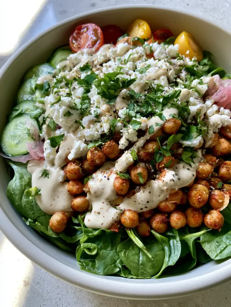 Overhead view of a vibrant chickpea spinach salad featuring heirloom tomatoes, cucumbers, and a zig-zag of tahini dressing.