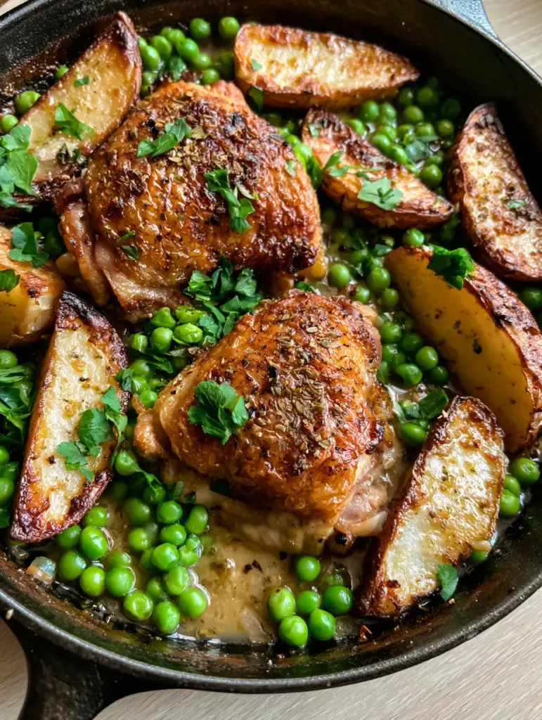 Thick potato wedges with charred edges and soft centers surrounding Chicken Vesuvio in a skillet.