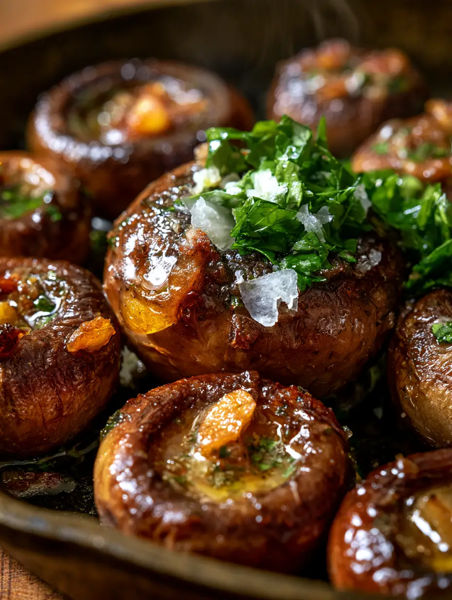 Winter Mushroom Recipes: Garlic Butter Seared Cremini Mushrooms 4 Extreme macro close-up of seared cremini mushrooms with shimmering garlic butter and sea salt. (winter mushroom recipes)