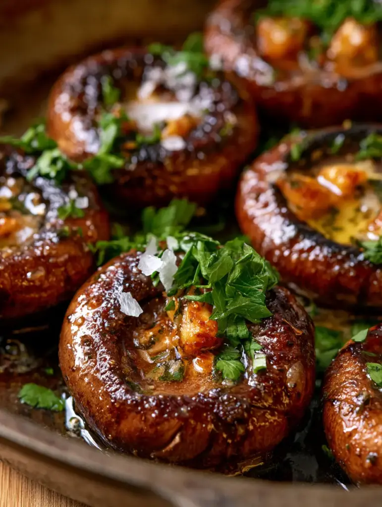Winter Mushroom Recipes: Garlic Butter Seared Cremini Mushrooms 1 A rustic cast iron skillet filled with browned mushrooms, golden garlic bits, and fresh parsley.