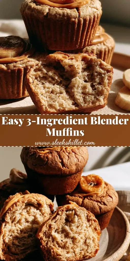 A stack of three golden-brown flourless peanut butter banana muffins on a ceramic plate with a creamy drizzle.