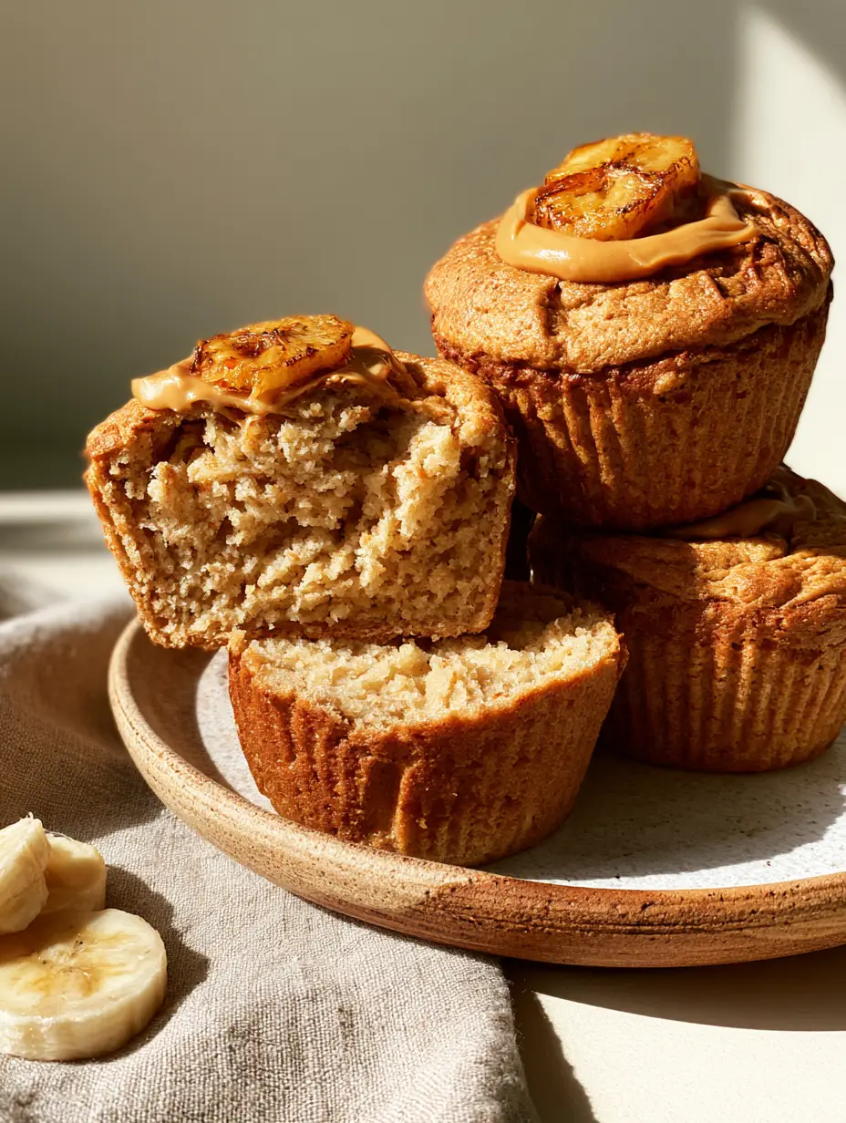 Close-up of a split flourless peanut butter banana muffin showing a fluffy cake-like crumb and caramelized banana slice.