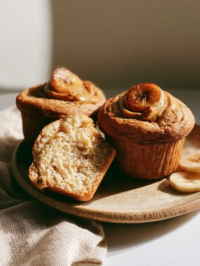 Three golden-brown muffins garnished with warm peanut butter drizzle on a rustic plate.