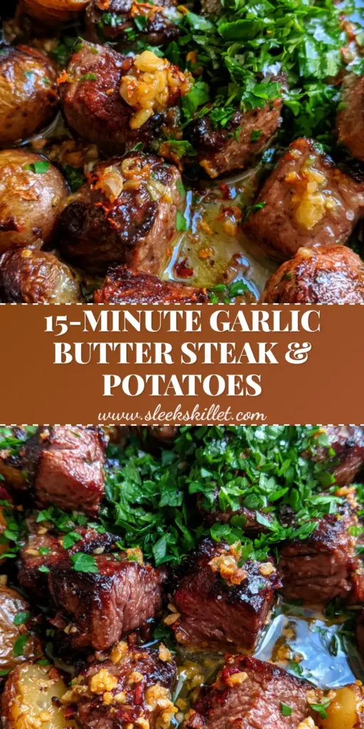 A top-down view of a cast iron skillet filled with seared steak bites and potatoes, garnished with fresh parsley and flaky sea salt.