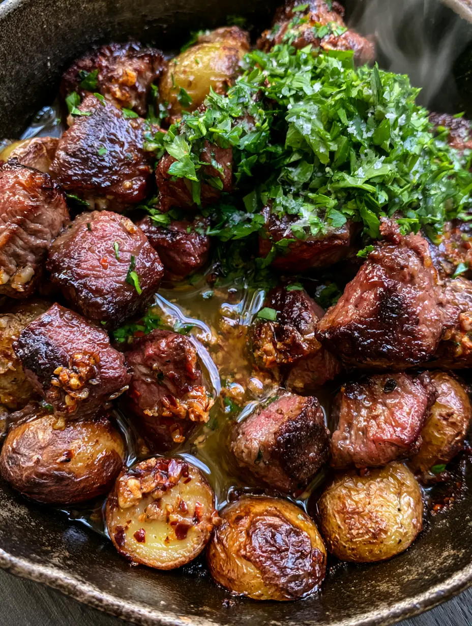 Close-up of golden brown baby potatoes and mahogany seared steak bites and potatoes in a seasoned cast iron pan.