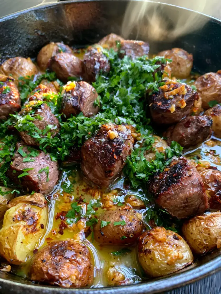High-angle shot showing the glistening garlic butter and red chili flakes on steak bites and potatoes.