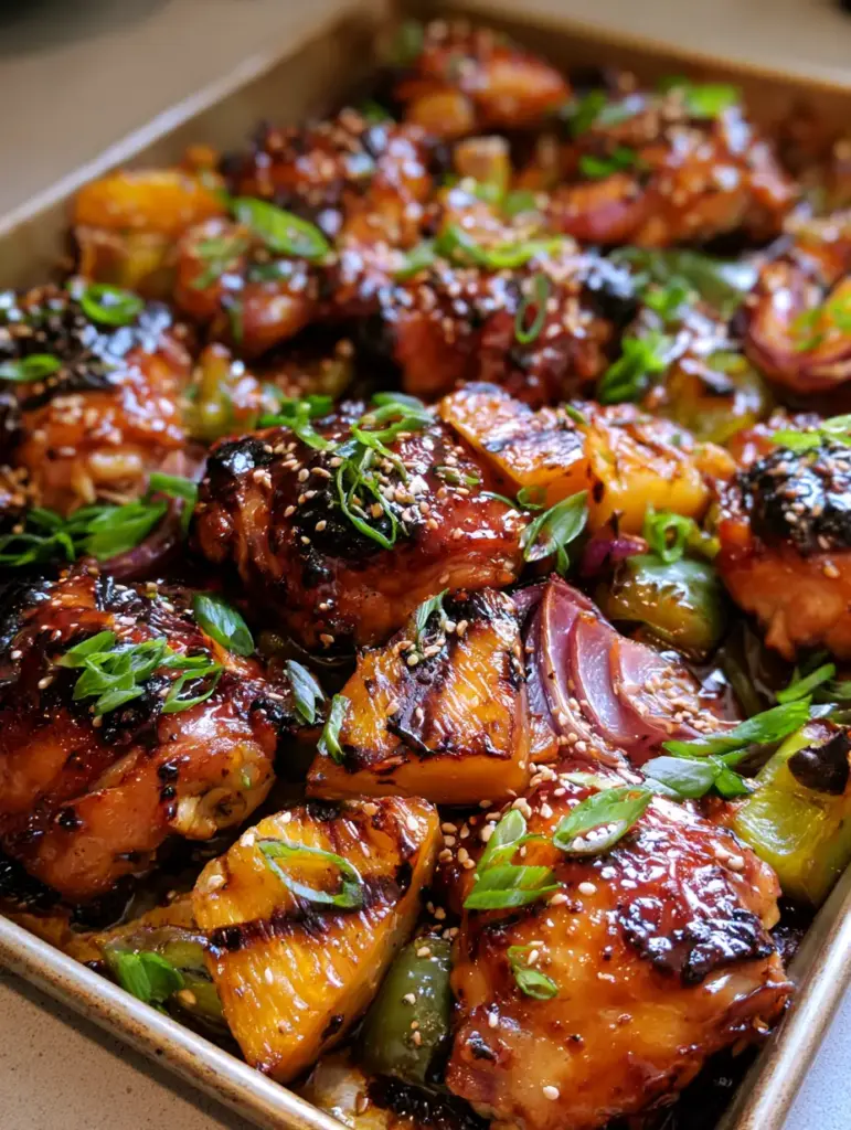 Baked Huli Huli Chicken with Caramelized Pineapple and Blistered Peppers 2 Close up photo of roasted skin-on chicken thighs with a thick glaze, toasted sesame seeds, and fresh scallions. (baked huli huli chicken)