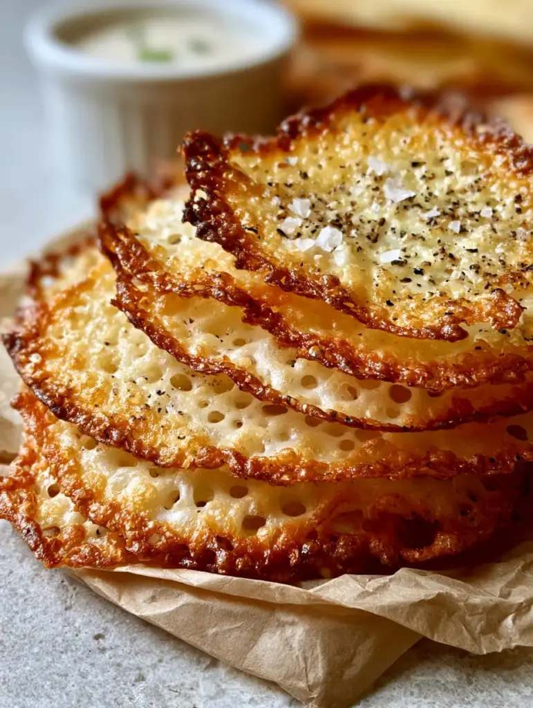 Crispy Cottage Cheese Chips: The Ultimate High-Protein Snack Guide 1 A stack of golden-yellow crispy cottage cheese chips with visible sea salt flakes and a white dipping sauce in the background.