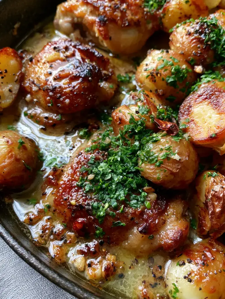 Easy Chicken Dinner Ideas: Crispy Garlic Butter Skillet Chicken and Potatoes 2 Extreme macro close-up of crispy chicken skin and blistered potatoes with visible browned garlic and parsley. (easy chicken dinner ideas)