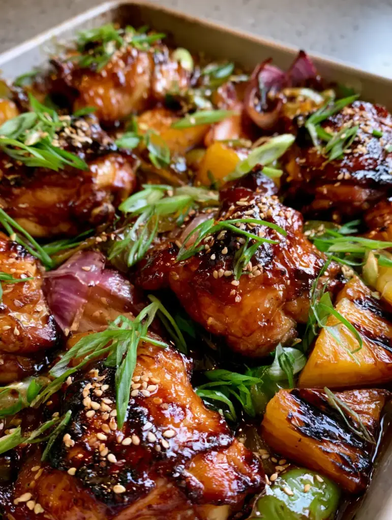 Baked Huli Huli Chicken with Caramelized Pineapple and Blistered Peppers 1 Top down view of a sheet pan featuring baked huli huli chicken interspersed with pineapple wedges and roasted red onion petals.