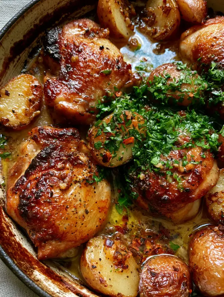Easy Chicken Dinner Ideas: Crispy Garlic Butter Skillet Chicken and Potatoes 1 Sizzling cast iron skillet showing translucent garlic butter sauce and red chili flake garnish.