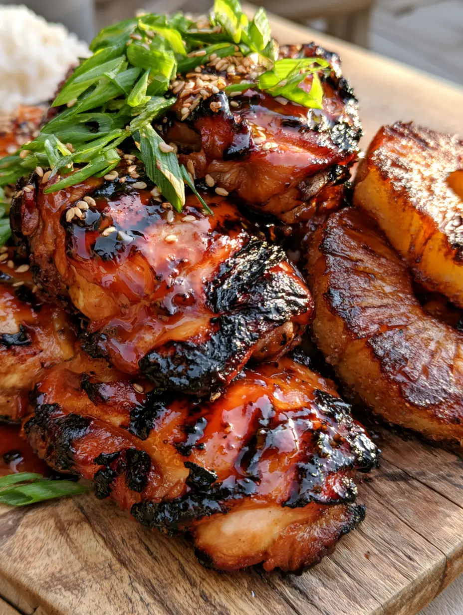Detailed shot of syrupy honey-soy glaze dripping down charred Hawaiian Huli Huli chicken thighs with sesame seeds. (Hawaiian Huli Huli Chicken)