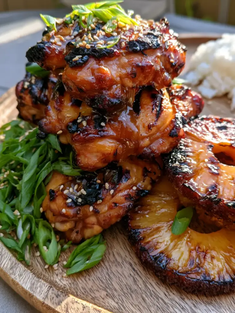 Grilled chicken thighs with dark charred grill marks served with vibrant green onions and toasted white sesame seeds. (Hawaiian Huli Huli Chicken)