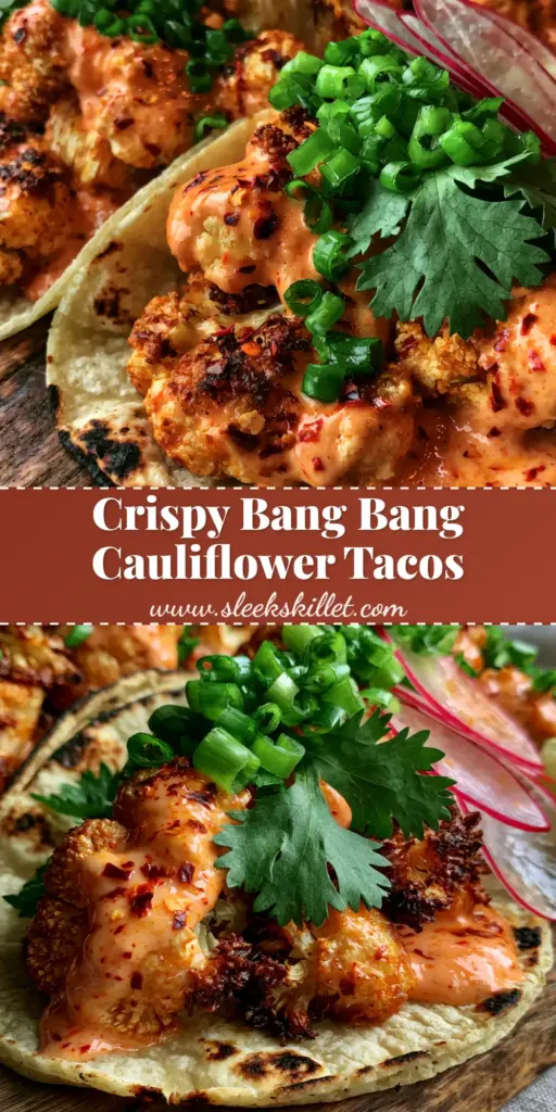 Three corn tortillas piled high with bang bang cauliflower tacos on a rustic wooden board, garnished with radishes and lime.