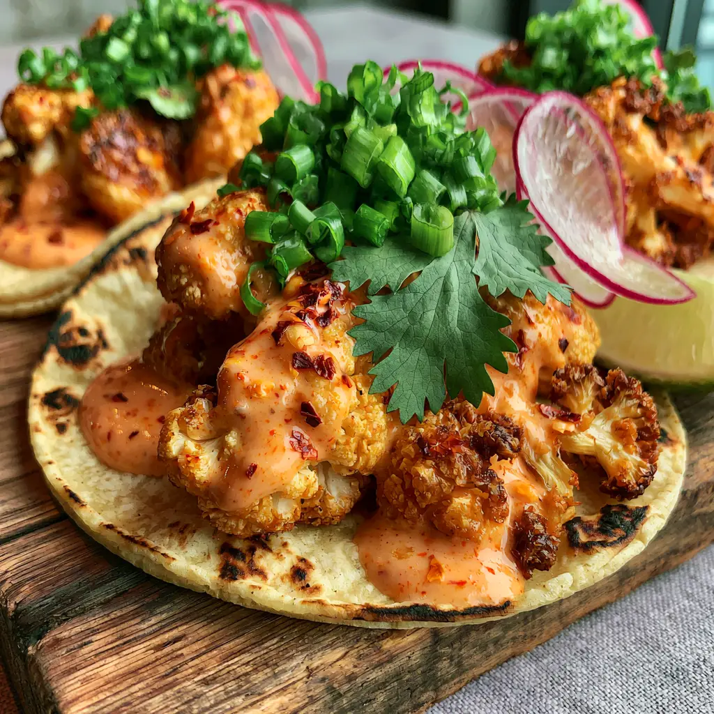 Close-up of crispy roasted cauliflower florets with red chili flakes and translucent radish slices in a taco.