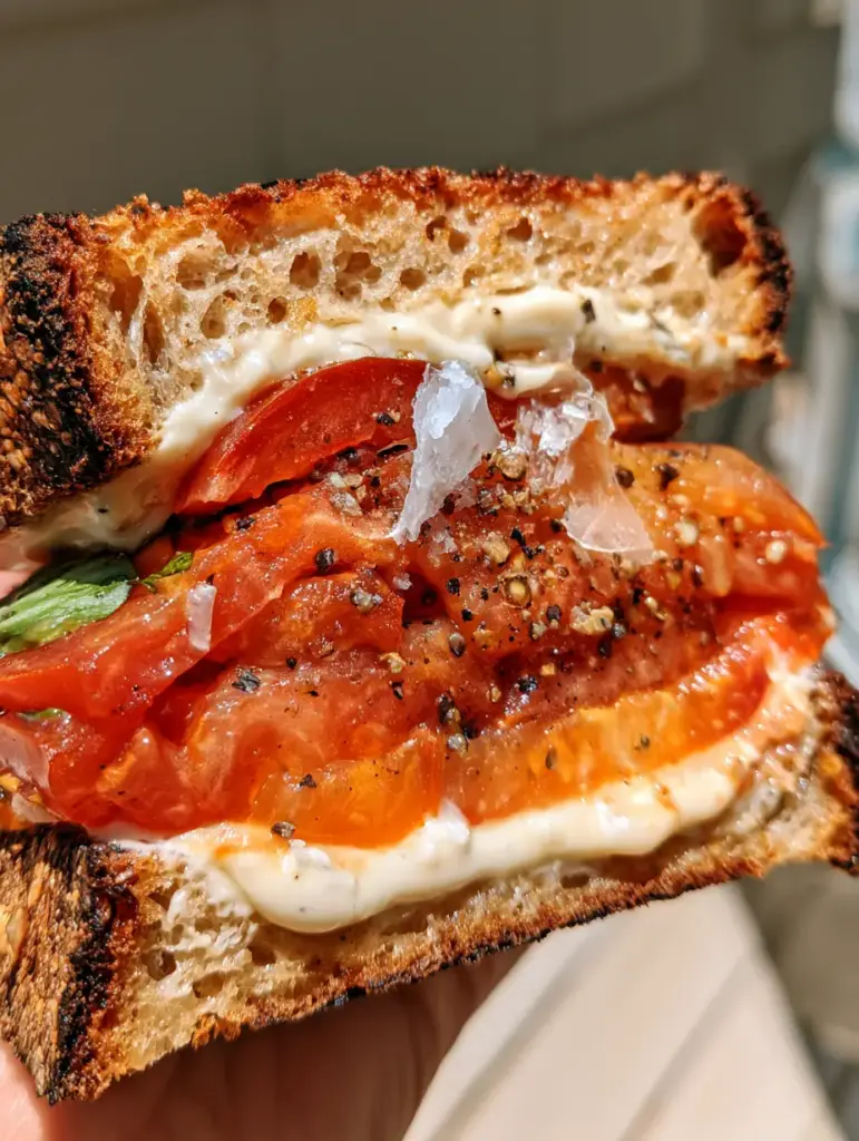 Tomato Sandwich: The Ultimate Southern Heirloom Masterpiece 2 Macro cross-section of a tomato sandwich showing thick heirloom layers and creamy mayo. (tomato sandwich)