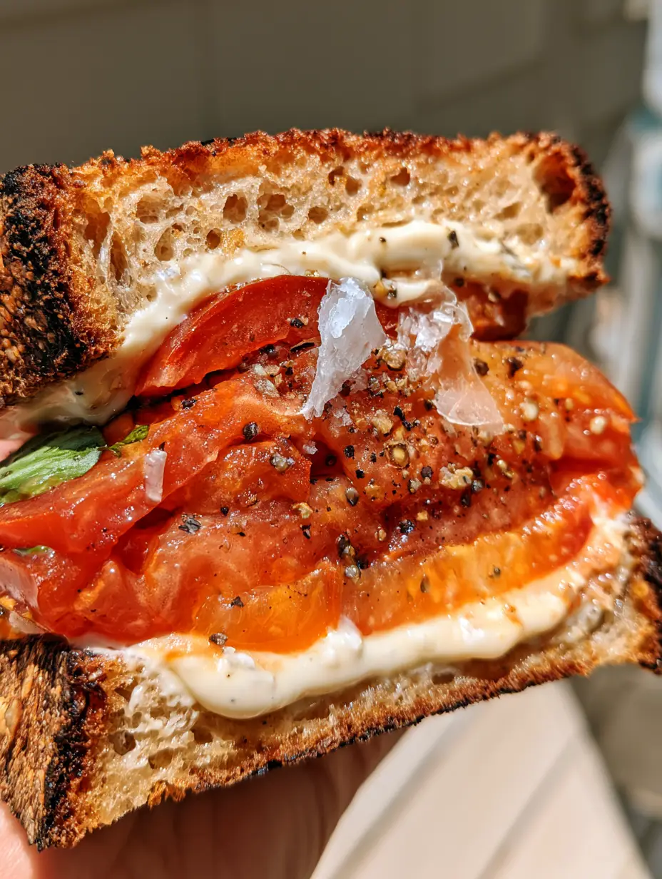 Tomato Sandwich: The Ultimate Southern Heirloom Masterpiece 3 Macro cross-section of a tomato sandwich showing thick heirloom layers and creamy mayo. (tomato sandwich)