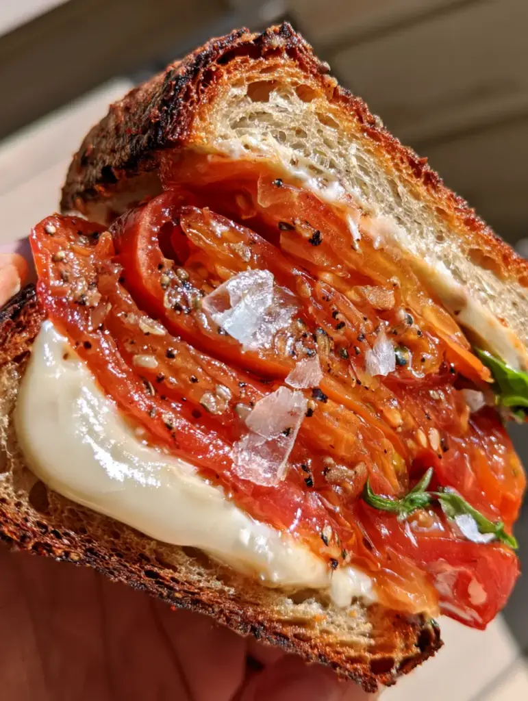 Tomato Sandwich: The Ultimate Southern Heirloom Masterpiece 1 Close-up of toasted sourdough bread with charred edges and micro-basil tucked into a tomato sandwich.