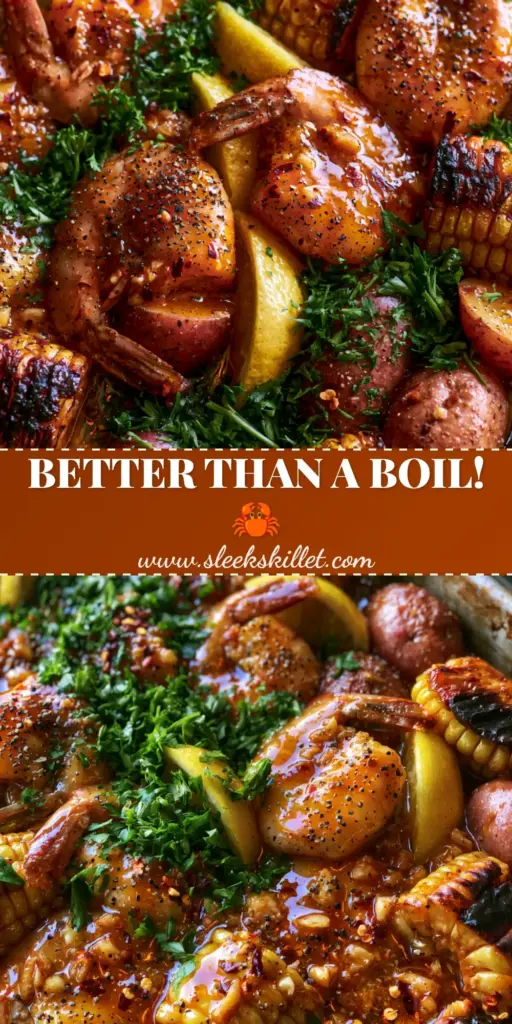 Seafood Bake with Glossy Cajun Garlic Butter and Roasted Potatoes 4 A rustic sheet pan seafood bake with pink shrimp, charred corn, and red potatoes in a glossy amber garlic butter sauce.